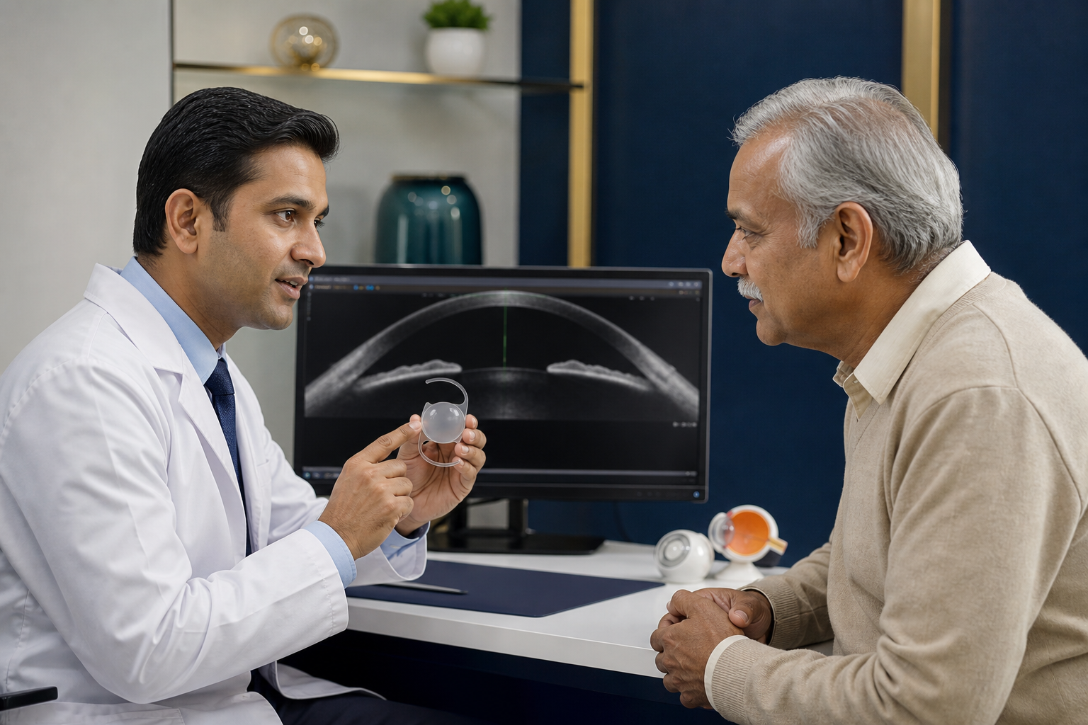 Doctor explaining lens options before cataract surgery