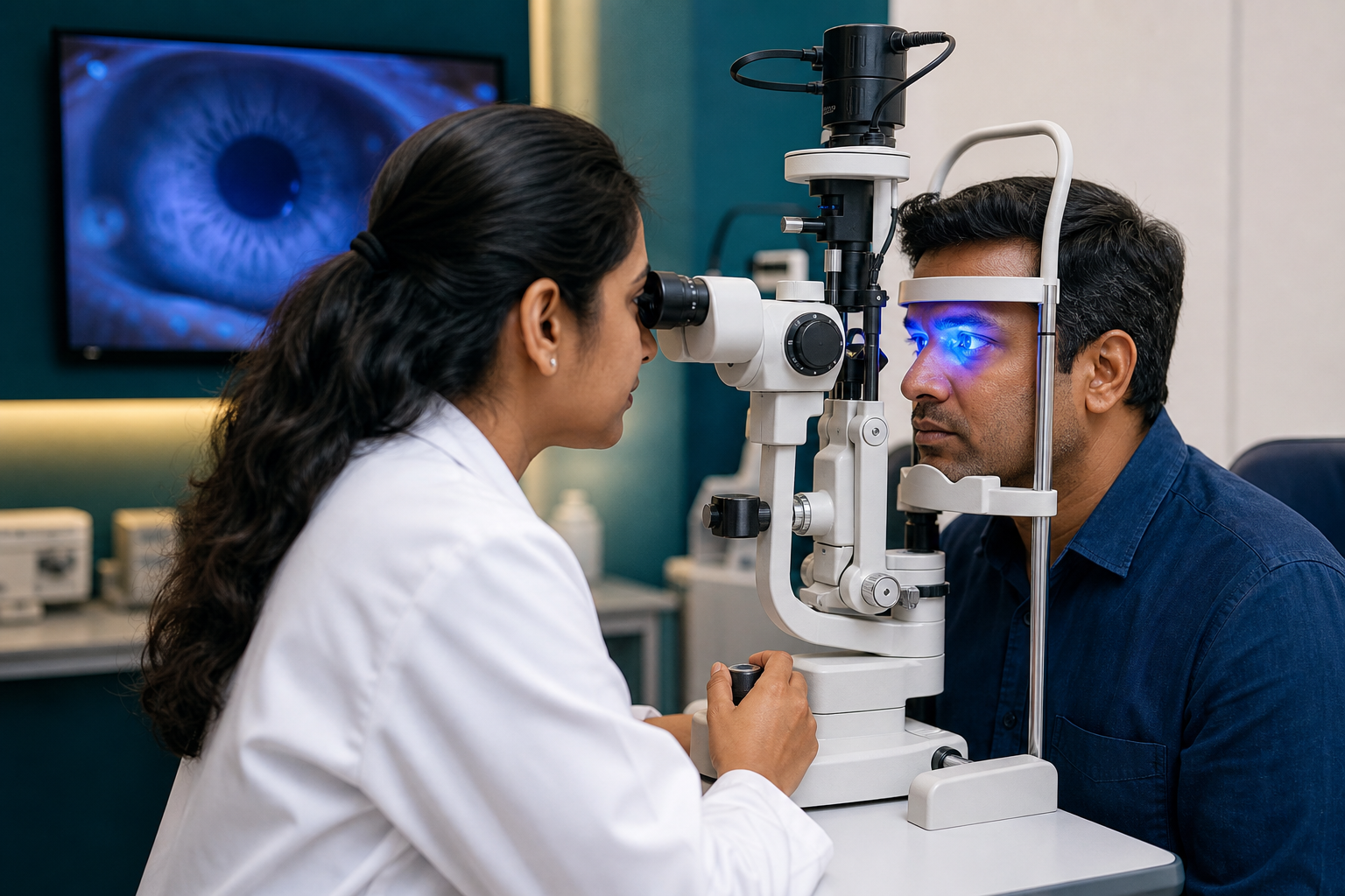Cornea examination using blue slit lamp illumination