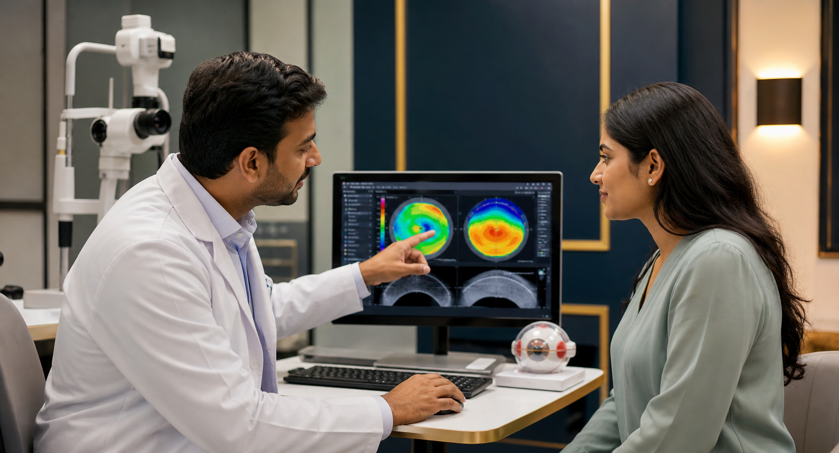 Ophthalmologist reviewing corneal scan for LASIK consultation